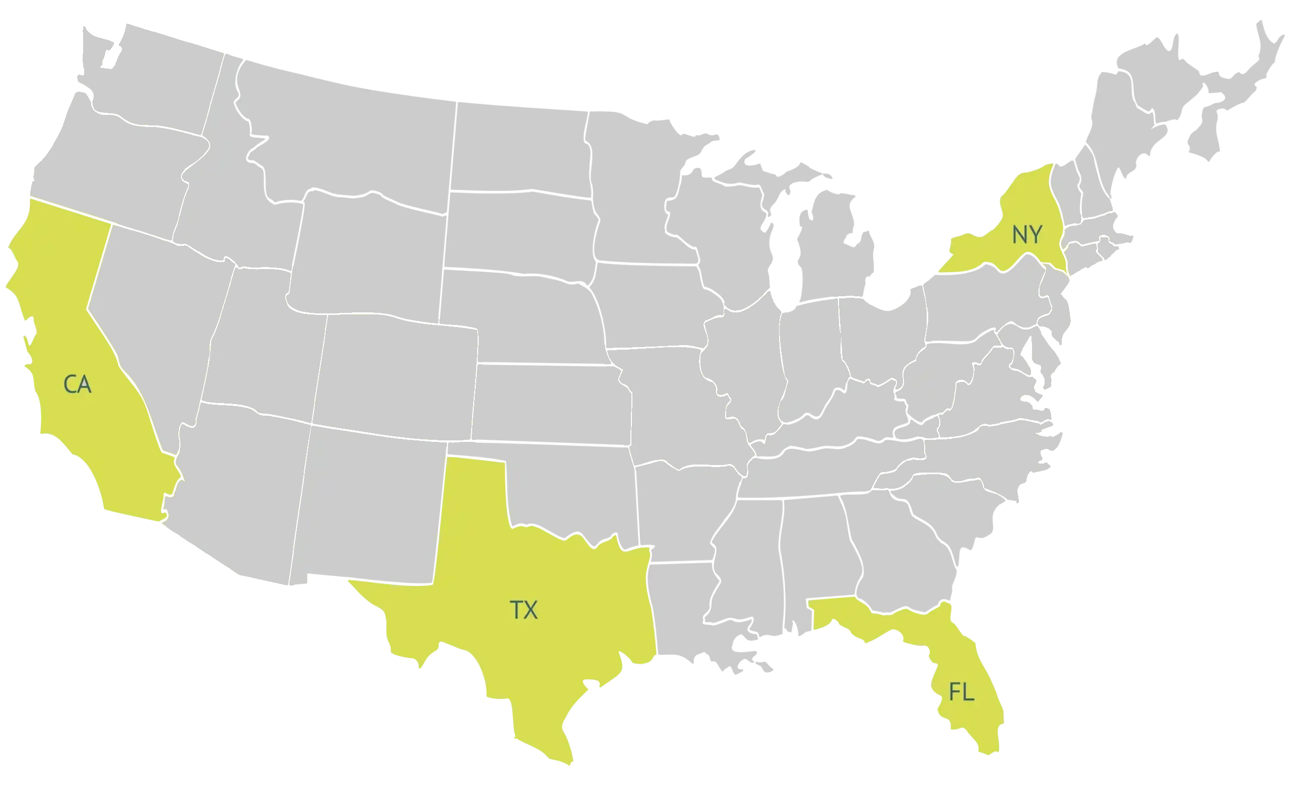Map of Cali Automation locations: California, Texas, New York and Florida