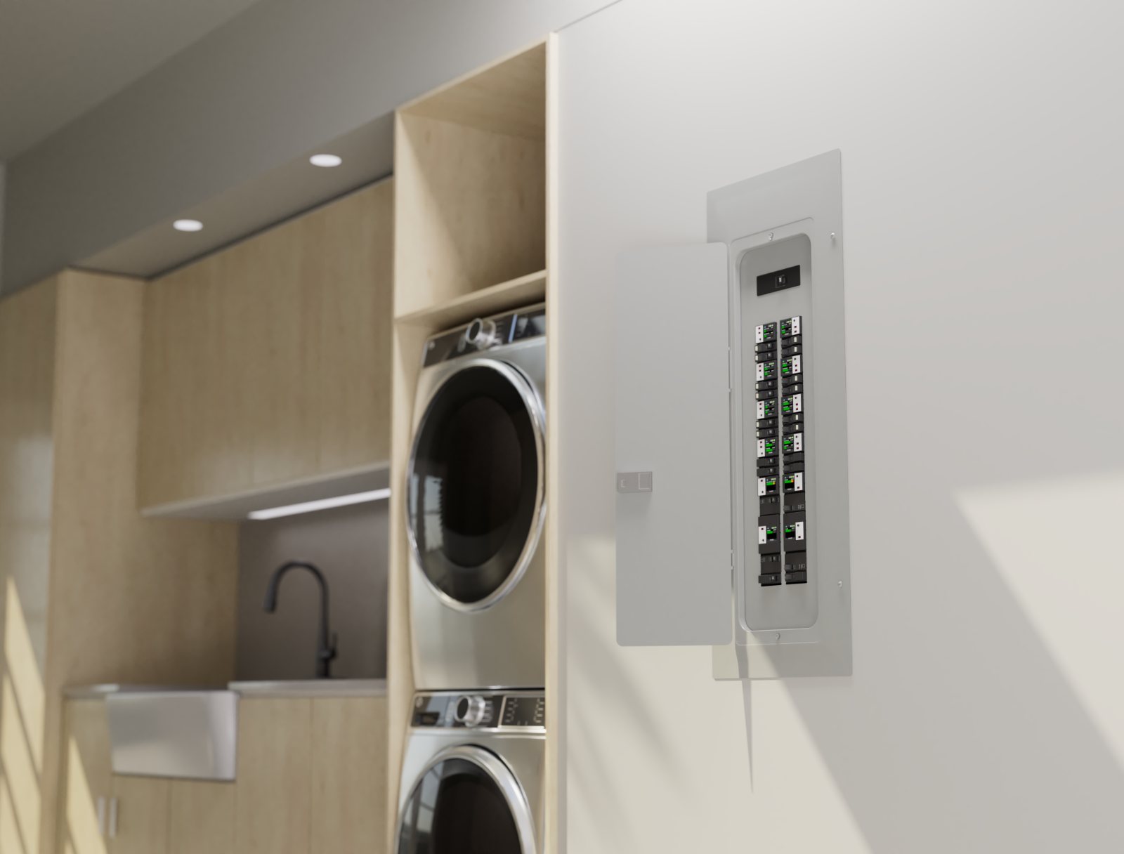 Savant Power smart electrical panel with lighting and power modules in a laundry room
